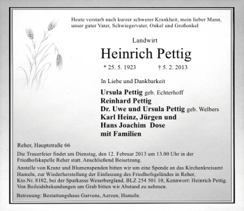 Traueranzeige von Heinrich Pettig von Deister- und Weserzeitung