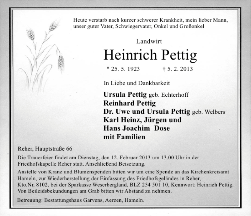  Traueranzeige für Heinrich Pettig vom 07.02.2013 aus Deister- und Weserzeitung