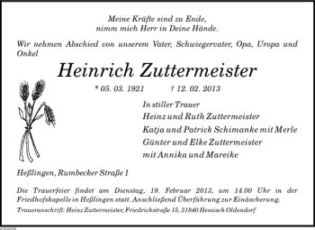 Traueranzeige von Heinrich Zuttermeister von Deister- und Weserzeitung