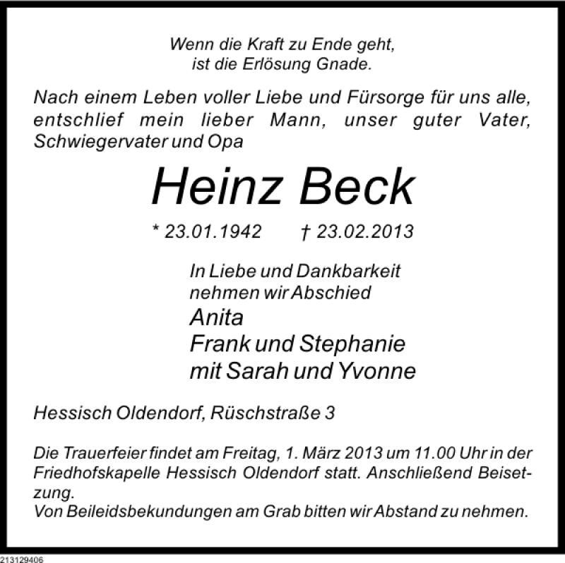  Traueranzeige für Heinz Beck vom 28.02.2013 aus Deister- und Weserzeitung