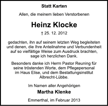 Traueranzeige von Heinz Klocke von Deister- und Weserzeitung
