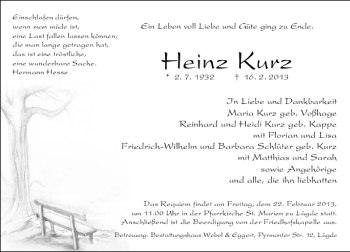 Traueranzeige von Heinz Kurz von Deister- und Weserzeitung