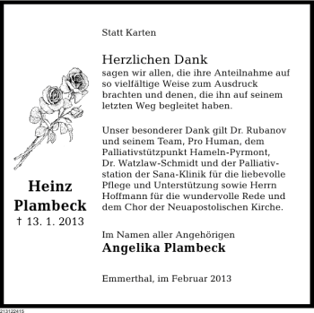 Traueranzeige von Heinz Plambeck von Deister- und Weserzeitung