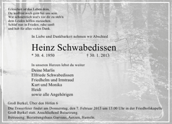 Traueranzeige von Heinz Schwabedissen von Deister- und Weserzeitung