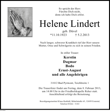 Traueranzeige von Helene Lindert von Deister- und Weserzeitung
