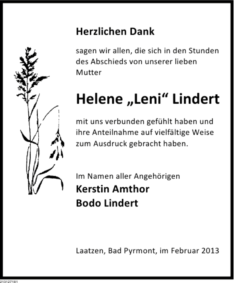  Traueranzeige für Helene Leni Lindert vom 23.02.2013 aus Deister- und Weserzeitung