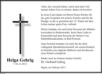Traueranzeige von Helga Gehring von Deister- und Weserzeitung