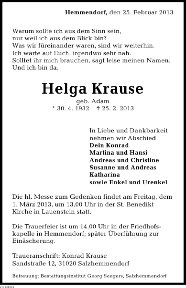  Traueranzeige für Helga Krause vom 27.02.2013 aus Deister- und Weserzeitung