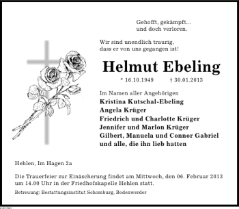 Traueranzeige von Helmut Ebeling von Deister- und Weserzeitung