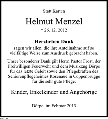 Traueranzeige von Helmut Menzel von Deister- und Weserzeitung