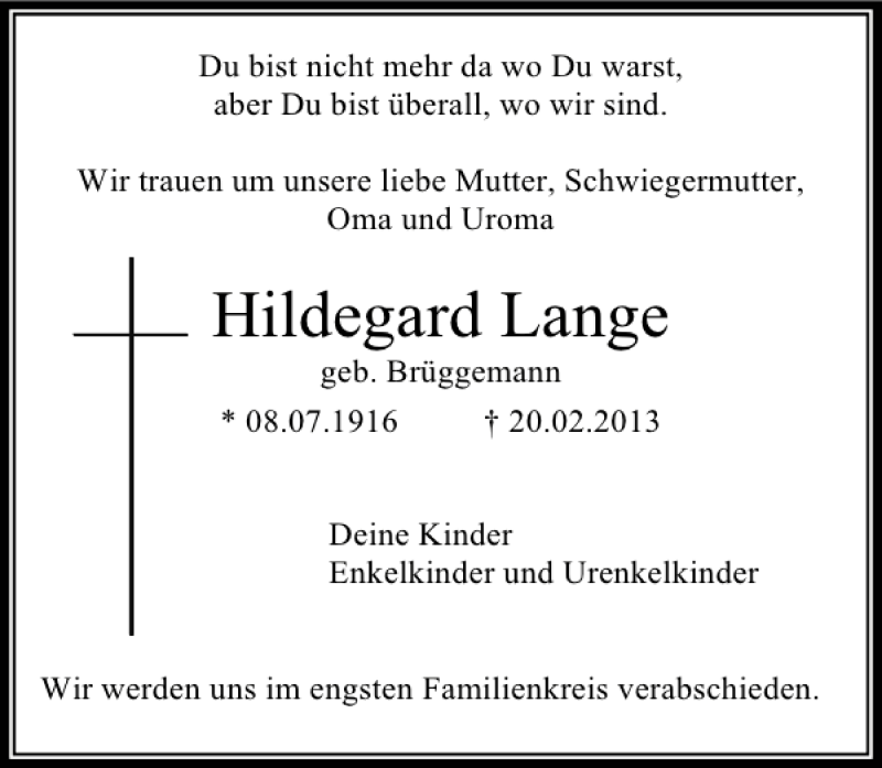 Traueranzeige für Hildegard Lange vom 23.02.2013 aus Deister- und Weserzeitung