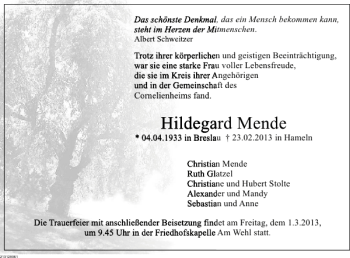 Traueranzeige von Hildegard Mende von Deister- und Weserzeitung