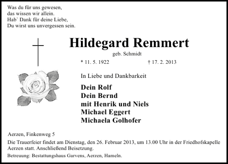  Traueranzeige für Hildegard Remmert vom 23.02.2013 aus Deister- und Weserzeitung