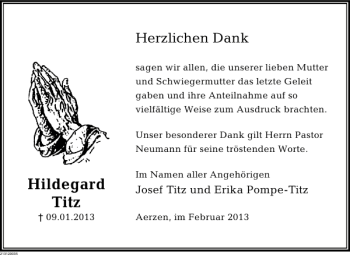 Traueranzeige von Hildegard Titz von Deister- und Weserzeitung