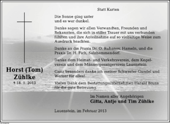 Traueranzeige von Horst (Tom) Zühlke von Deister- und Weserzeitung