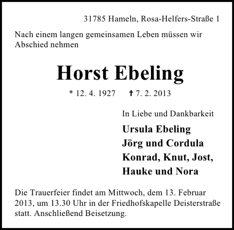  Traueranzeige für Horst Ebeling vom 11.02.2013 aus Deister- und Weserzeitung