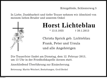 Traueranzeige von Horst Lichteblau von Deister- und Weserzeitung