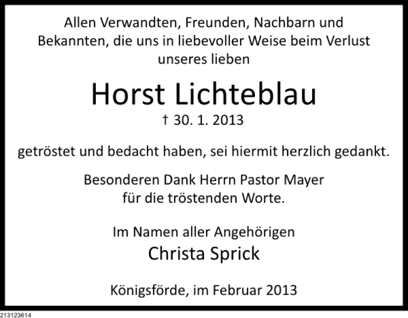 Traueranzeige für Horst Lichteblau vom 23.02.2013 aus Deister- und Weserzeitung