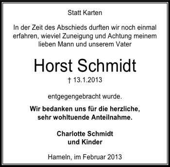 Traueranzeige von Horst Schmidt von Deister- und Weserzeitung