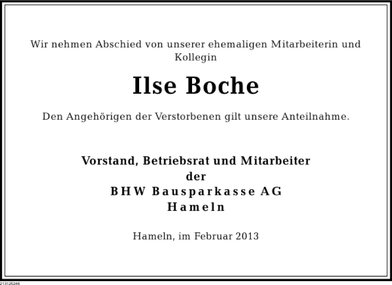  Traueranzeige für Ilse Boche vom 19.02.2013 aus Deister- und Weserzeitung
