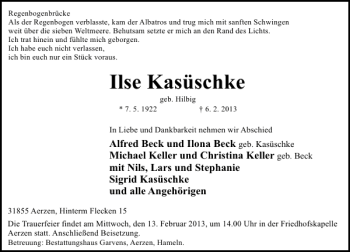 Traueranzeige von Ilse Kasüschke von Deister- und Weserzeitung