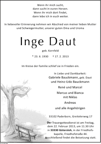 Traueranzeige von Inge Daut von Deister- und Weserzeitung