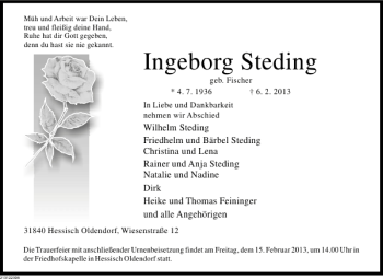 Traueranzeige von Ingeborg Steding von Deister- und Weserzeitung