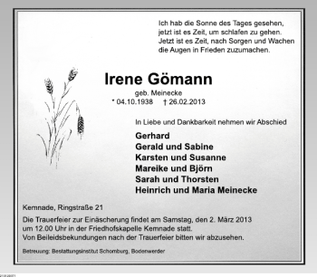 Traueranzeige von Irene Göhmann von Deister- und Weserzeitung