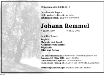 Traueranzeige von Johann Remmel von Deister- und Weserzeitung