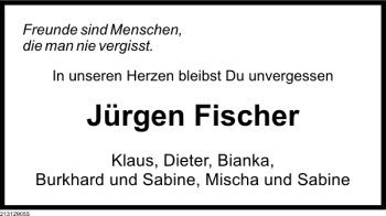 Traueranzeige von Jürgen Fischer von Deister- und Weserzeitung