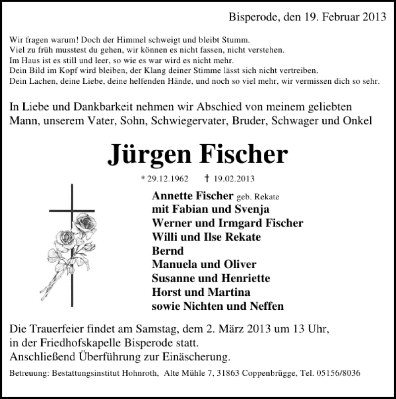  Traueranzeige für Jürgen Fischer vom 27.02.2013 aus Deister- und Weserzeitung