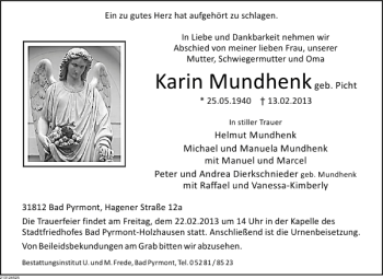 Traueranzeige von Karin Mundhenk von Deister- und Weserzeitung