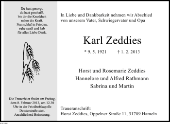 Traueranzeige von Karl Zeddies von Deister- und Weserzeitung
