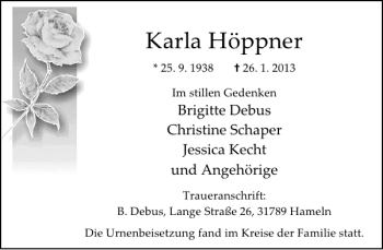 Traueranzeige von Karla Höppner von Deister- und Weserzeitung