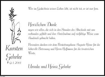 Traueranzeige von Karsten Gehrke von Deister- und Weserzeitung