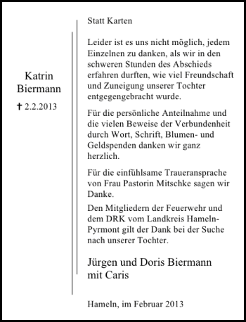Traueranzeige von Katrin Biermann von Deister- und Weserzeitung