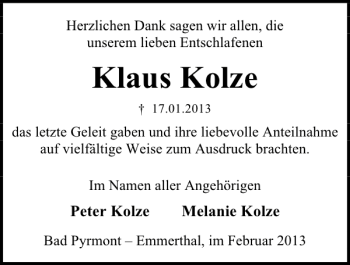 Traueranzeige von Klaus Kolze von Deister- und Weserzeitung