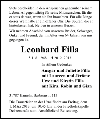 Traueranzeige von Leonhard Filla von Deister- und Weserzeitung
