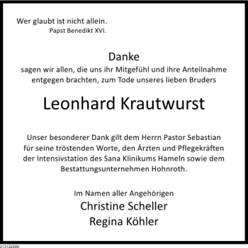 Traueranzeige von Leonhard Krautwurst von Deister- und Weserzeitung