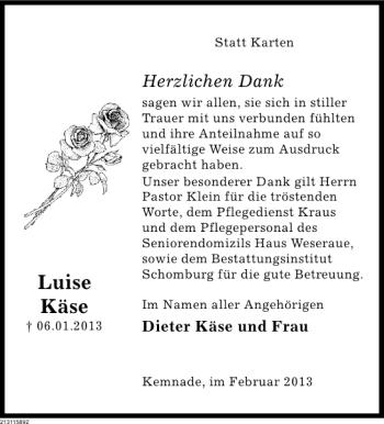 Traueranzeige von Luise Käse von Deister- und Weserzeitung