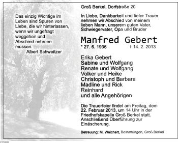 Traueranzeige von Manfred Gebert von Deister- und Weserzeitung