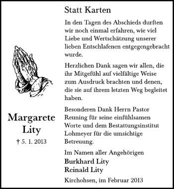 Traueranzeige von Margarete Lity von Deister- und Weserzeitung