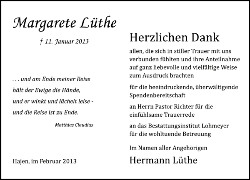  Traueranzeige für Margarete Lüthe vom 23.02.2013 aus Deister- und Weserzeitung