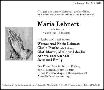 Traueranzeige von Maria Lehnert von Deister- und Weserzeitung