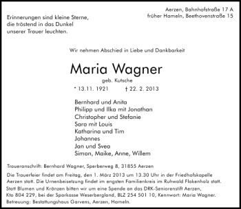 Traueranzeige von Maria Wagner von Deister- und Weserzeitung
