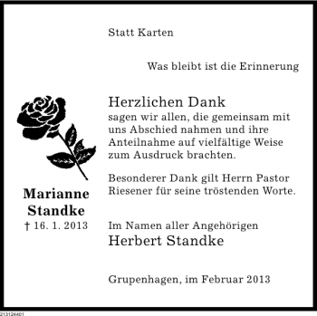 Traueranzeige von Marianne Standke von Deister- und Weserzeitung