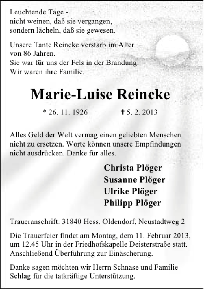  Traueranzeige für Marie-Luise Reincke vom 08.02.2013 aus Deister- und Weserzeitung