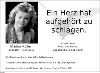Traueranzeige von Marion Müller von Deister- und Weserzeitung