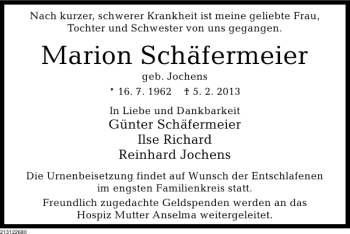 Traueranzeige von Marion Schäfermeier von Deister- und Weserzeitung