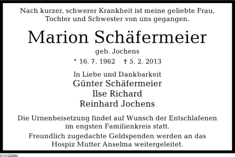  Traueranzeige für Marion Schäfermeier vom 16.02.2013 aus Deister- und Weserzeitung